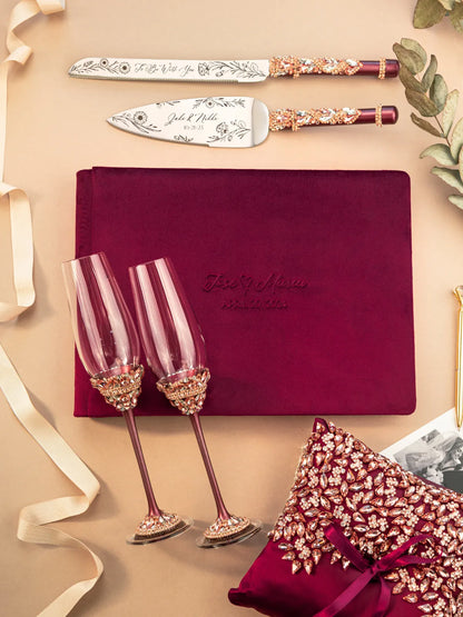 Ivy Flutes &amp; Cake Set with guestbook and pillow in burgundy