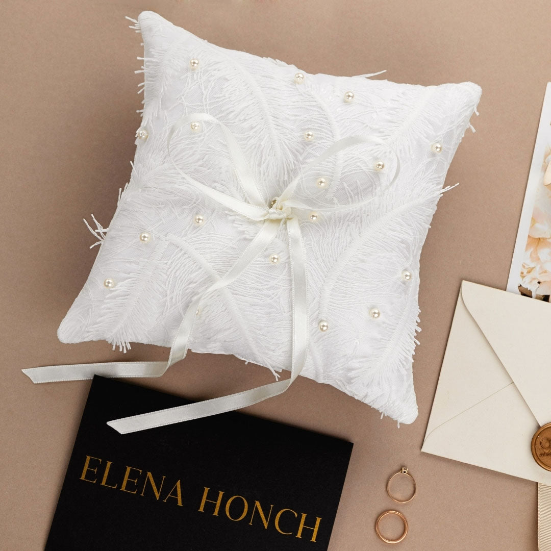 White Wedding Pillow For Rings With Ivory Pearls