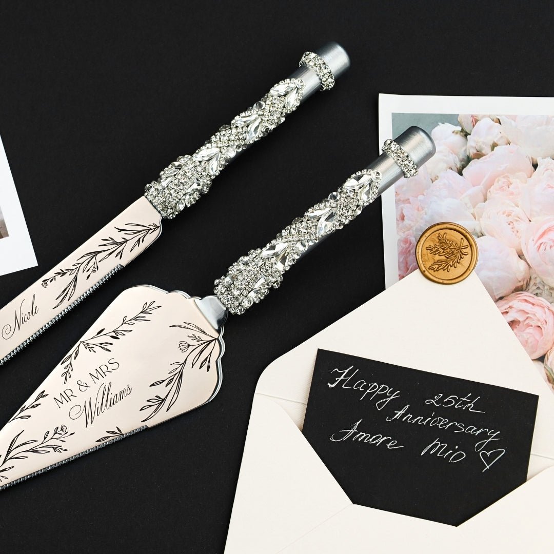 25th Anniversary Flower Flutes &amp; Cake Set Silver - ELENA HONCH