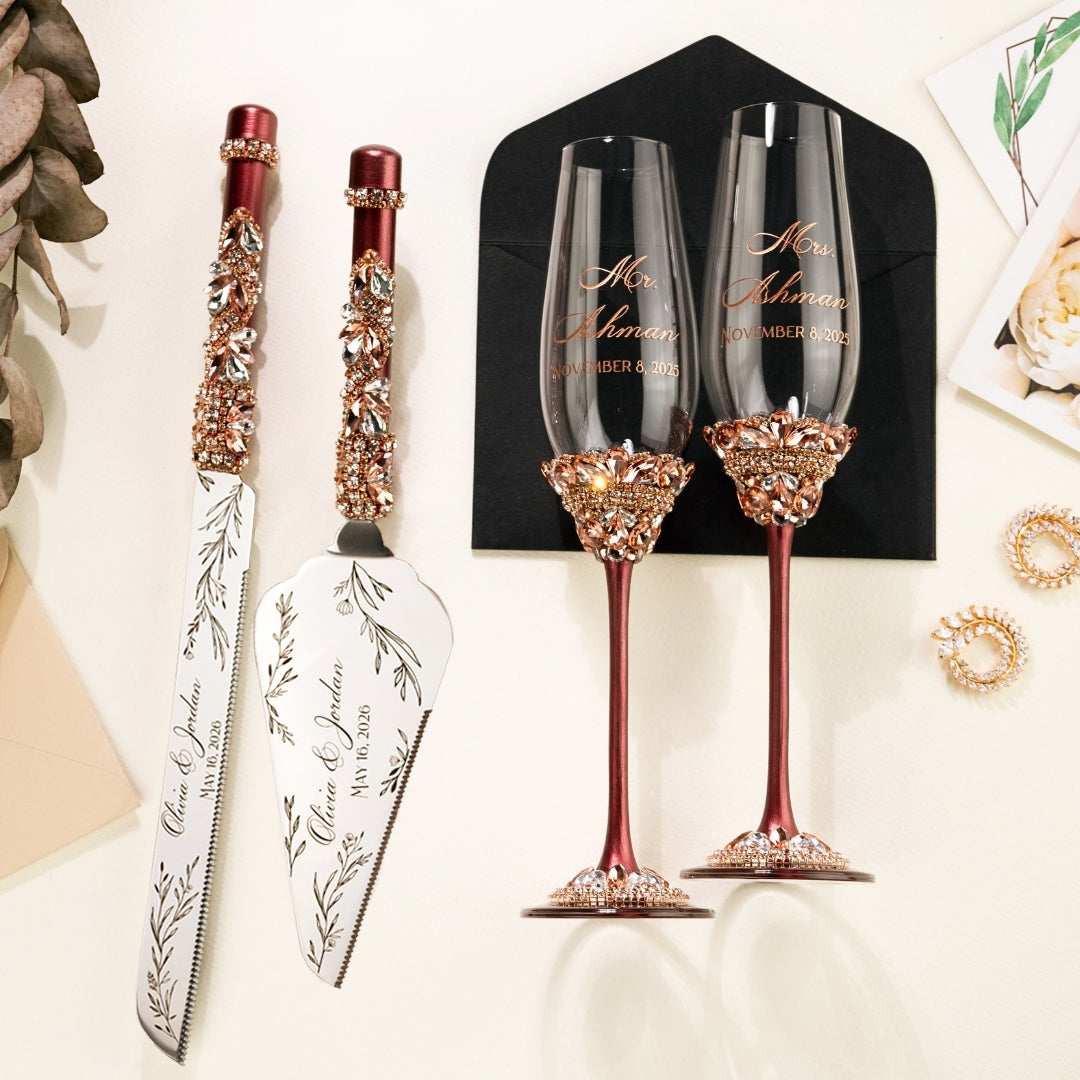 Wedding Flutes &amp; Cake set Ivy in Burgundy