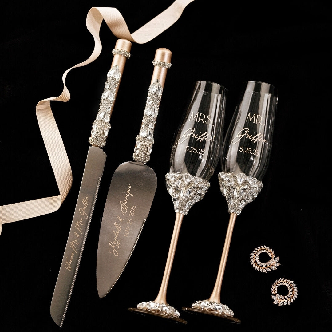 Wedding Flutes Ruta &amp; Cake Set in Champagne color