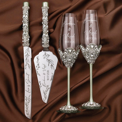 Blossom Eucalyptus Wedding Glasses &amp; Cake Server Set