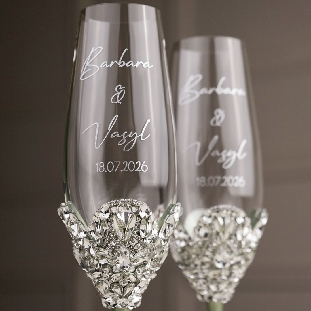 Blossom Eucalyptus Wedding Glasses &amp; Cake Server Set
