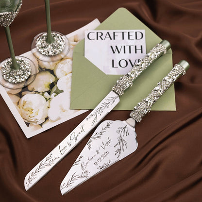 Blossom Eucalyptus Wedding Glasses &amp; Cake Server Set