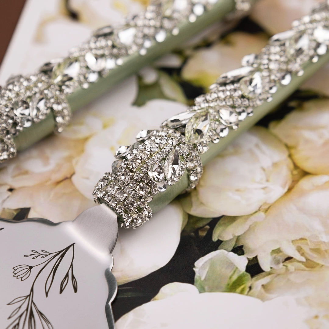 Blossom Eucalyptus Wedding Glasses &amp; Cake Server Set