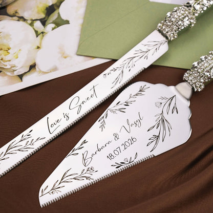 Blossom Eucalyptus Wedding Glasses &amp; Cake Server Set