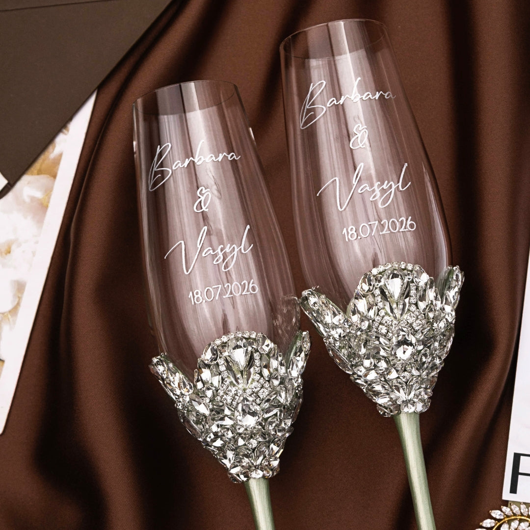 Blossom Eucalyptus Wedding Glasses &amp; Cake Server Set