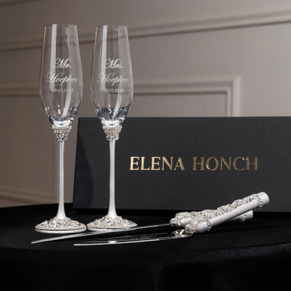 Wedding Flutes Avrora &amp; Cake Cutting Set in White