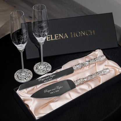 Wedding Flutes Avrora &amp; Cake Cutting Set in White