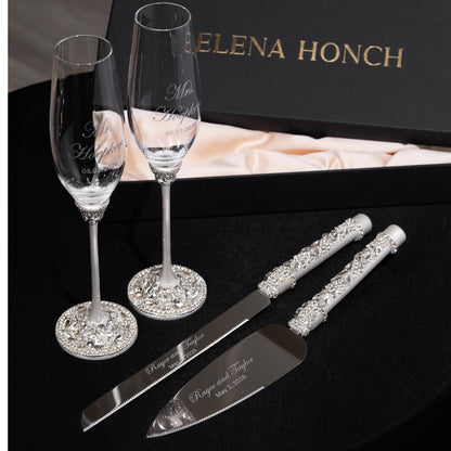 Wedding Flutes Avrora &amp; Cake Cutting Set in White