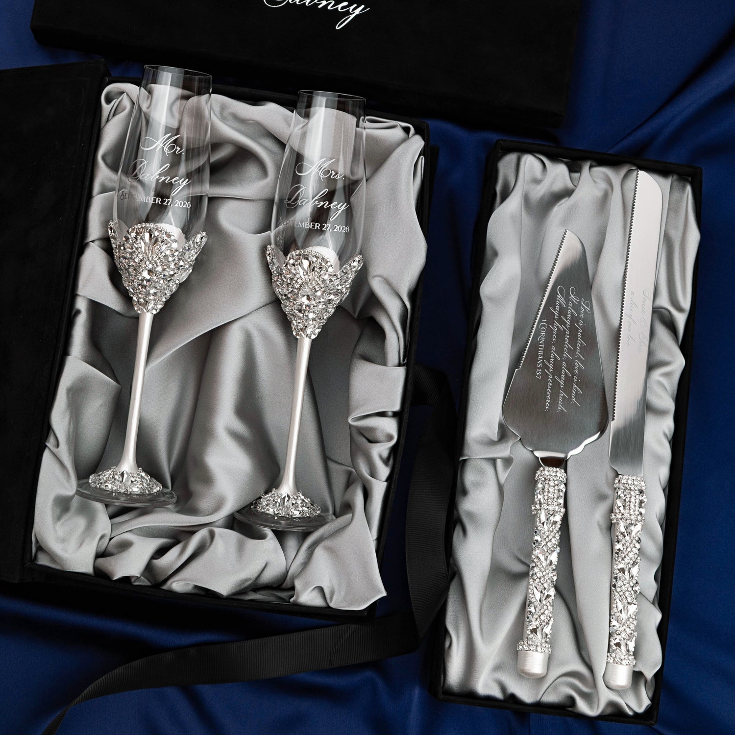 White Set Blossom in Silver Satin-Lined Boxes