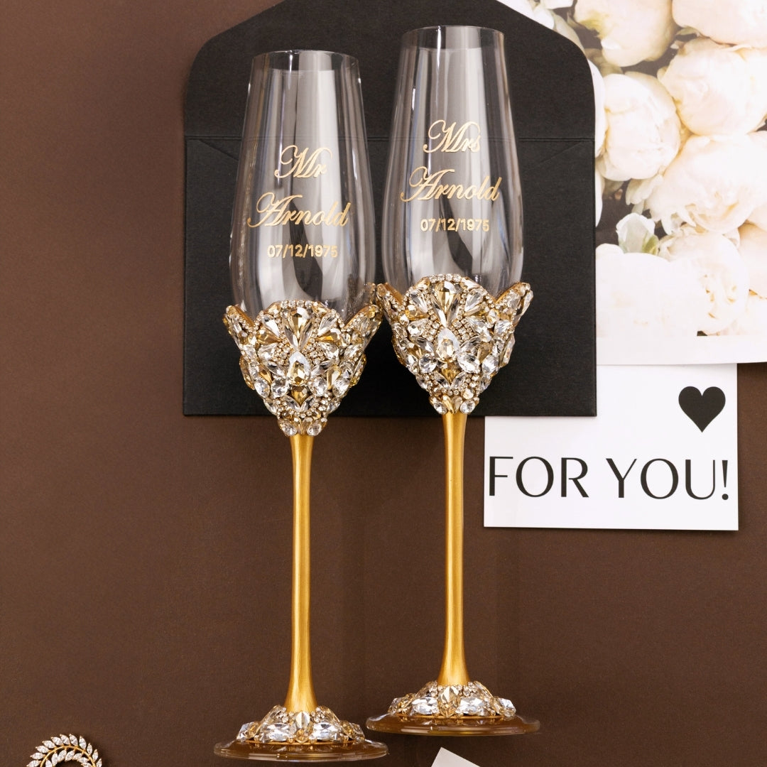 Blossom Gold Wedding Glasses &amp; Cake Cutting Set