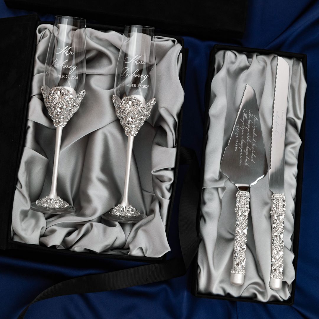 Blossom White Flutes &amp; Cake Set in Silver Satin-Lined Boxes