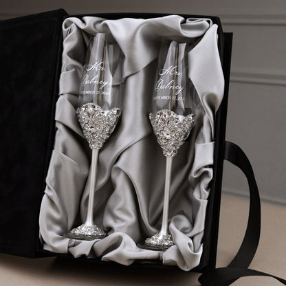 Blossom White Flutes &amp; Cake Set in Silver Satin-Lined Boxes