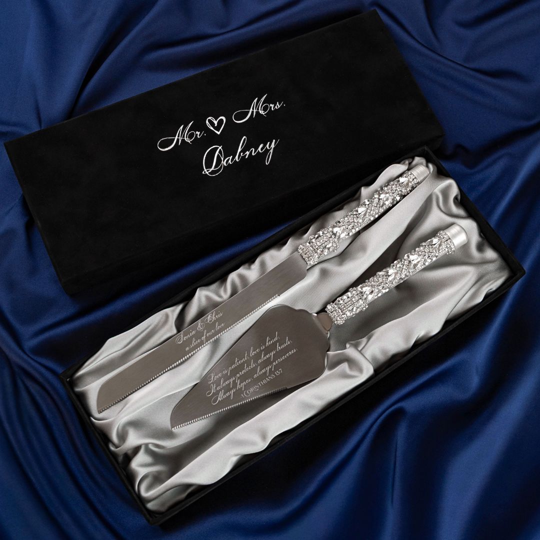 Blossom White Flutes &amp; Cake Set in Silver Satin-Lined Boxes