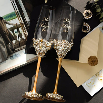 50th Anniversary Blossom Gold Glasses &amp; Cake Set - ELENA HONCH