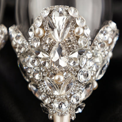 60th Anniversary Blossom Glasses &amp; Cake Set Ivory With Pearls - ELENA HONCH