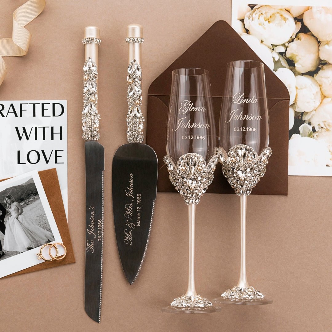60th Anniversary Blossom Glasses &amp; Cake Set Ivory With Pearls - ELENA HONCH
