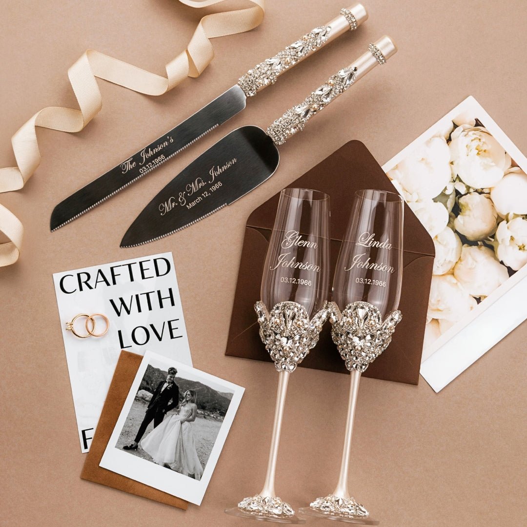 60th Anniversary Blossom Glasses &amp; Cake Set Ivory With Pearls - ELENA HONCH