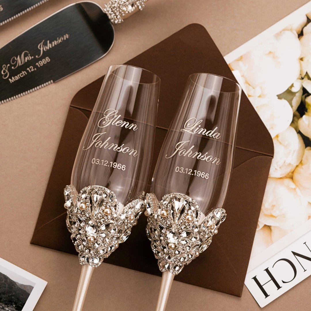 60th Anniversary Blossom Glasses &amp; Cake Set Ivory With Pearls - ELENA HONCH