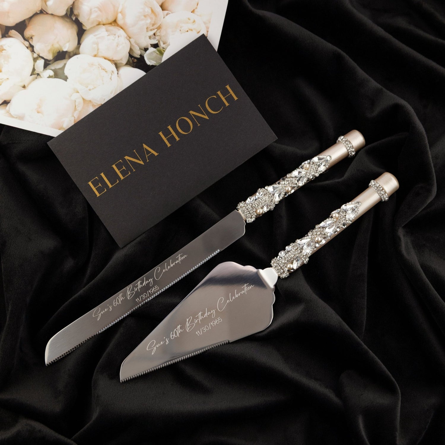 60th Anniversary Blossom Glasses &amp; Cake Set Ivory With Pearls - ELENA HONCH