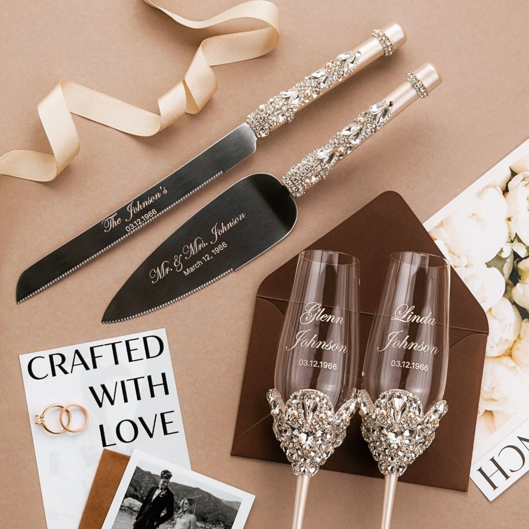60th Anniversary Blossom Glasses &amp; Cake Set Ivory With Pearls - ELENA HONCH