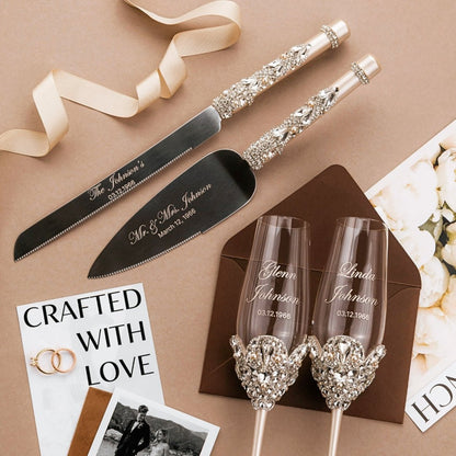60th Anniversary Blossom Glasses &amp; Cake Set Ivory With Pearls - ELENA HONCH