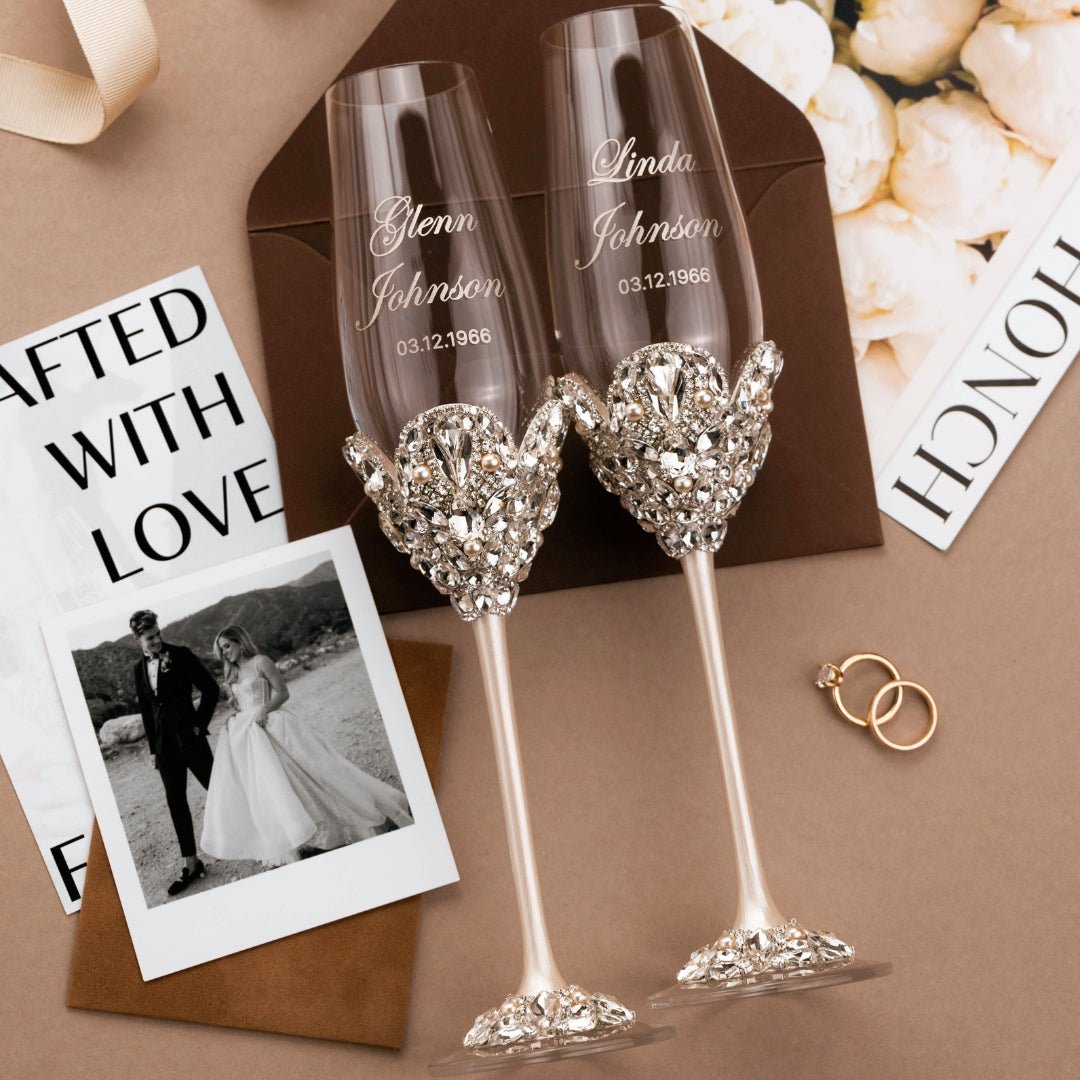 60th Anniversary Blossom Glasses &amp; Cake Set Ivory With Pearls - ELENA HONCH