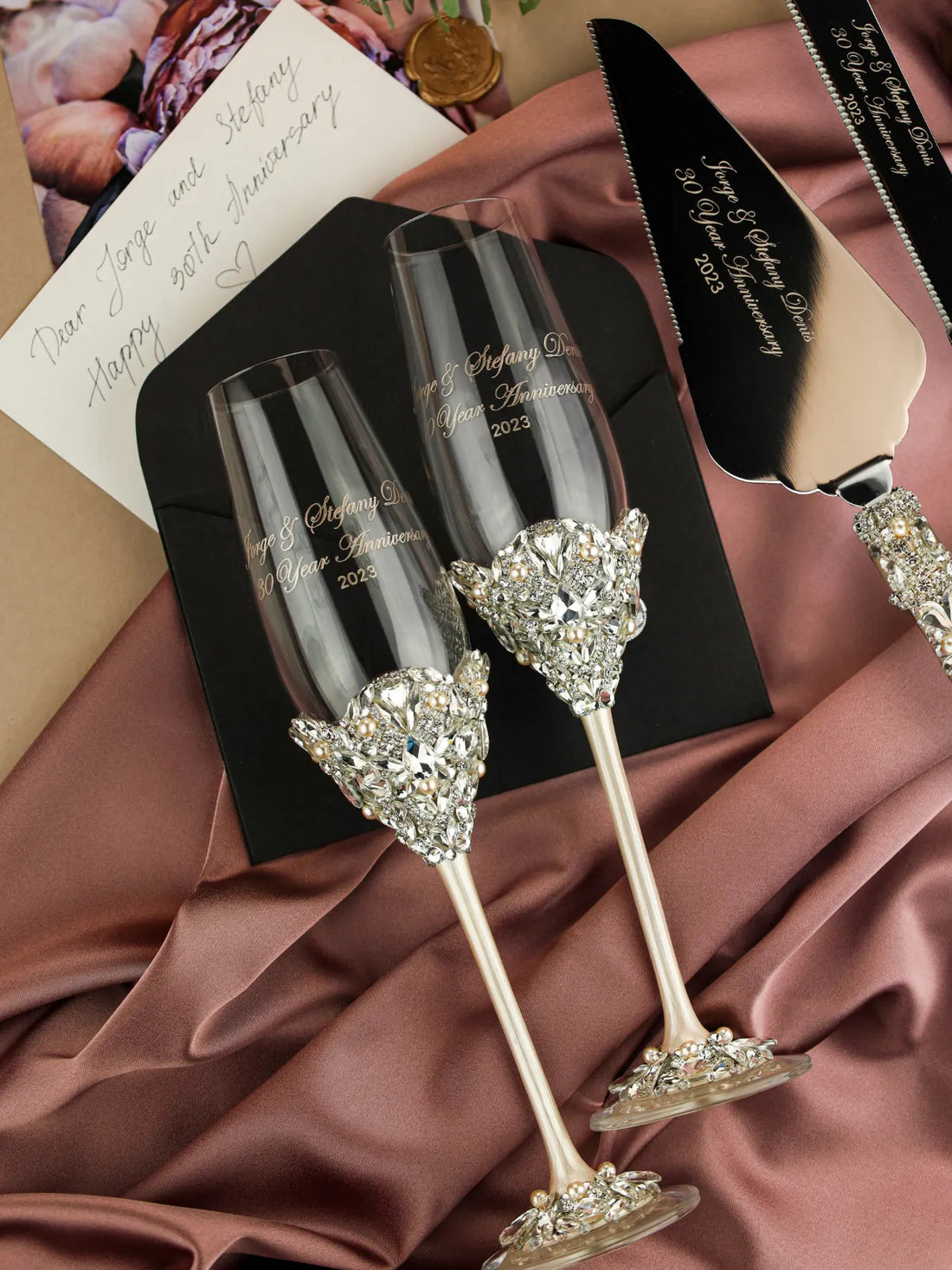 30 Anniversary Blossom Glasses &amp; Cake Set Ivory With Pearls