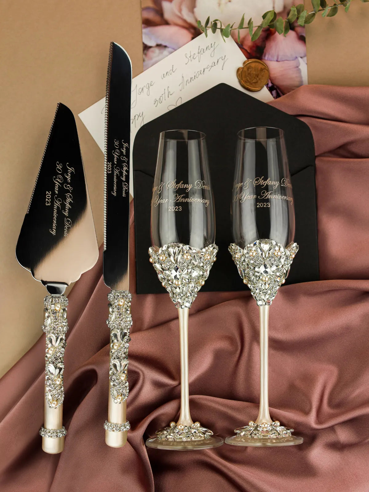 30 Anniversary Blossom Glasses &amp; Cake Set Ivory With Pearls
