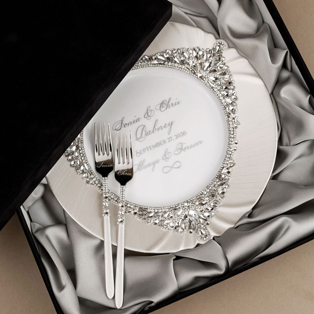 Plate &amp; Forks White Set in Silver Satin-Lined Boxes