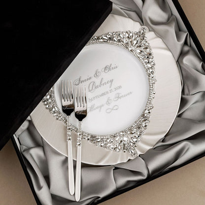 Plate &amp; Forks White Set in Silver Satin-Lined Boxes