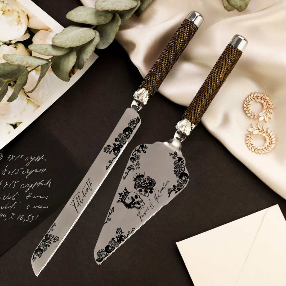 Gothic Dark Gold Cake Server & Knife Set