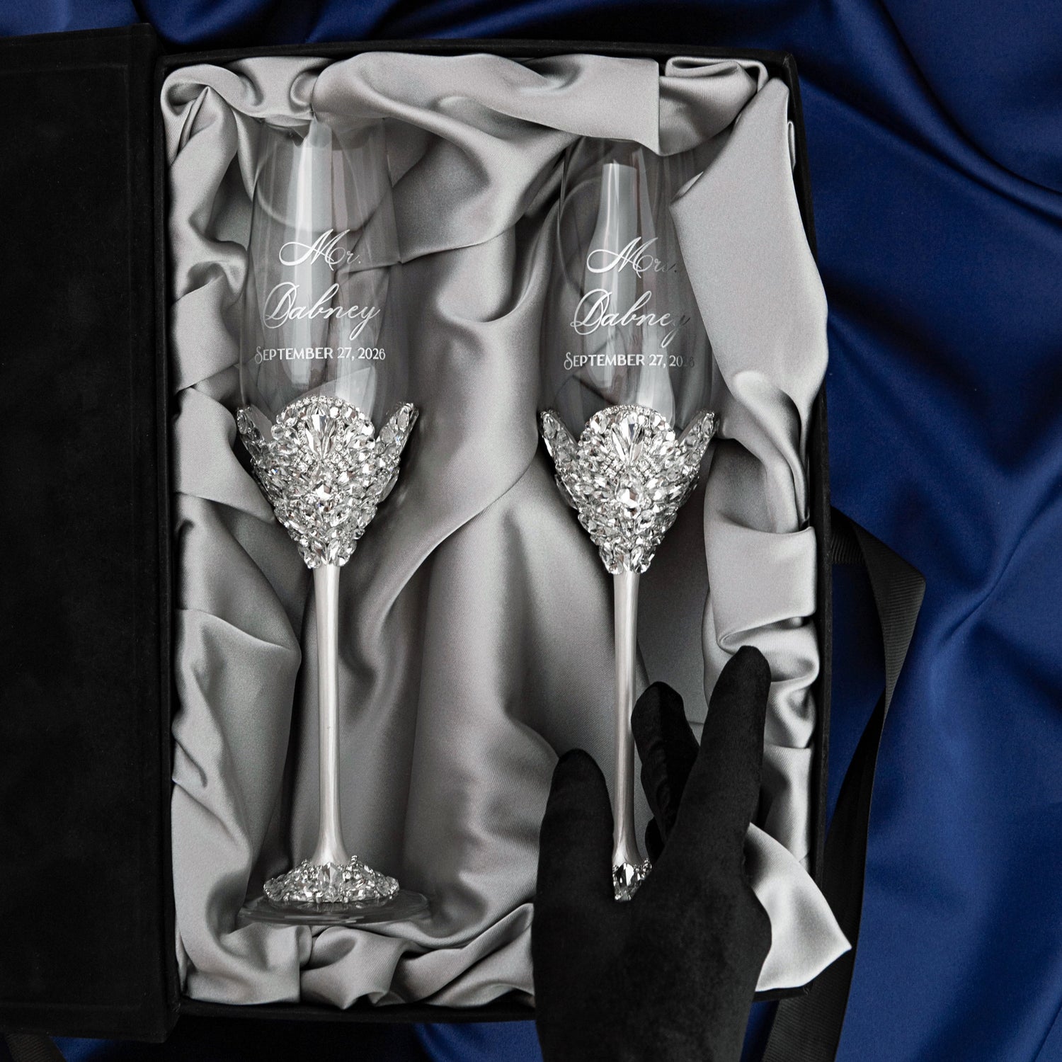 Flutes Blossom White in Silver Satin-Lined Boxes