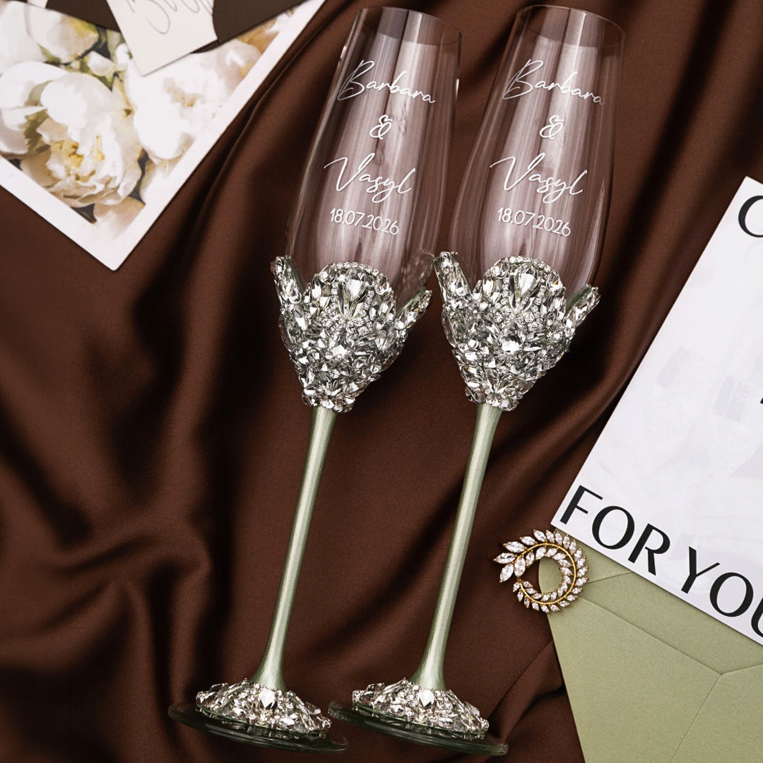 Blossom Eucalyptus Wedding Glasses &amp; Cake Server Set