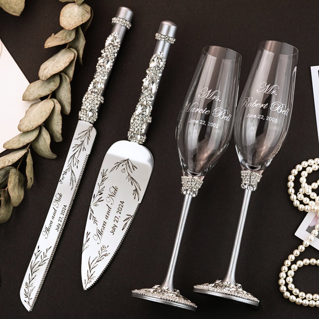 Wedding champagne flutes and cake server set bridal shower gift store Toasting glasses and cake cutting set, gift for couple anniversary set of 4