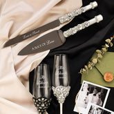 personalized champagne flutes wedding favors. personalized flutes for sale. personalized champagne flutes & cake server set.