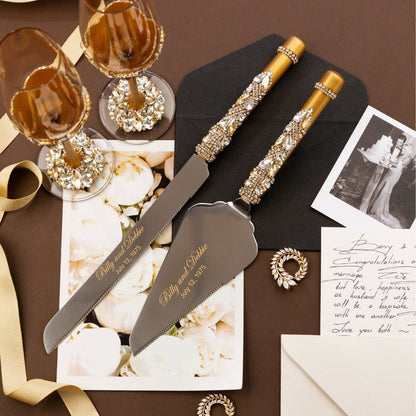 Blossom Gold Wedding Glasses &amp; Cake Cutting Set - ELENA HONCH