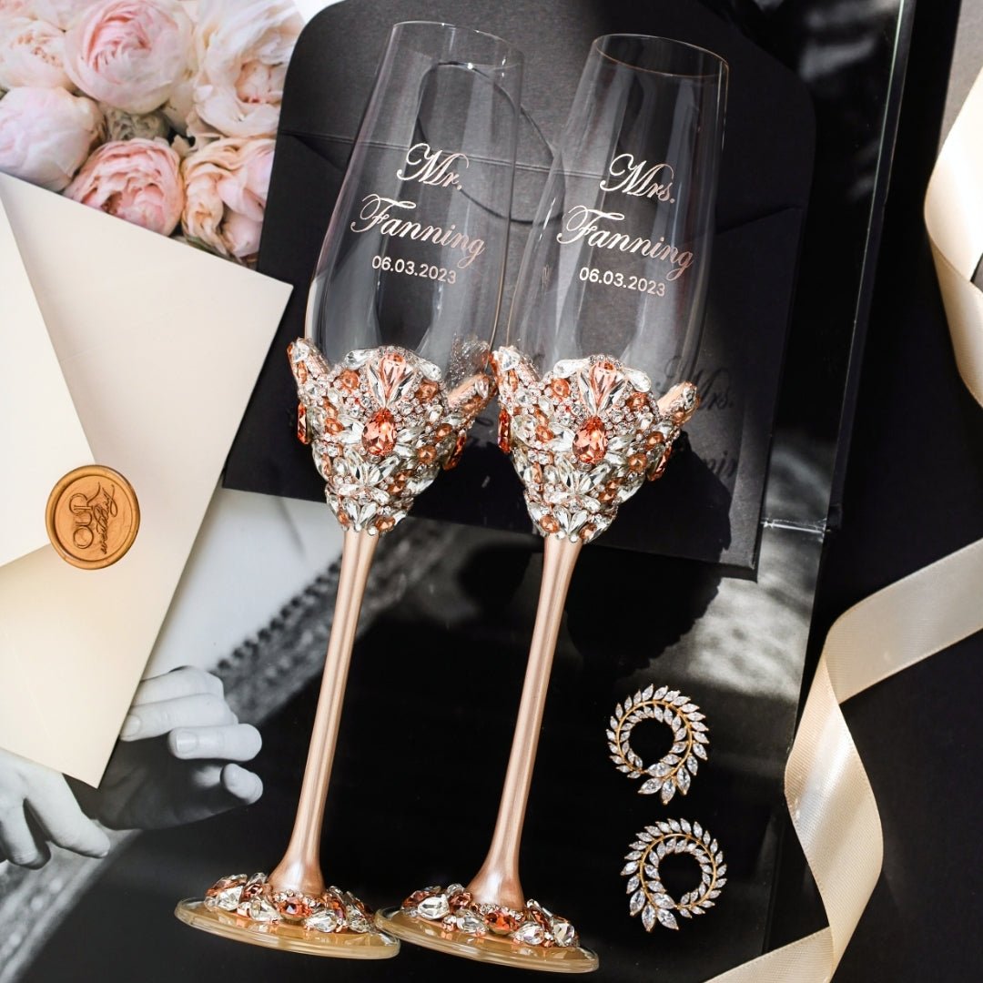 Blossom Rose &amp; Gold Wedding Glasses with Cake Set - ELENA HONCH