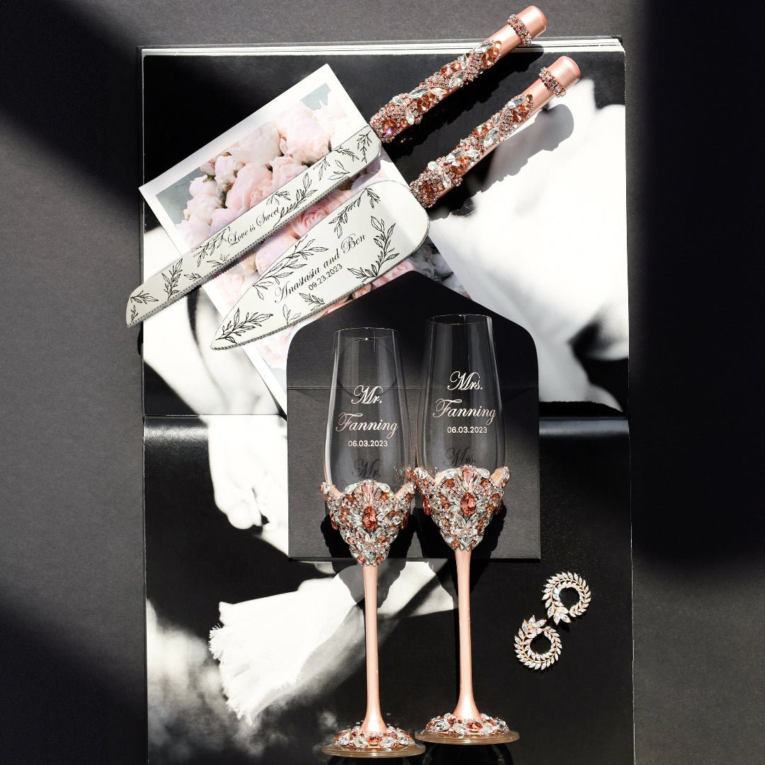 Blossom Rose &amp; Gold Wedding Glasses with Cake Set - ELENA HONCH