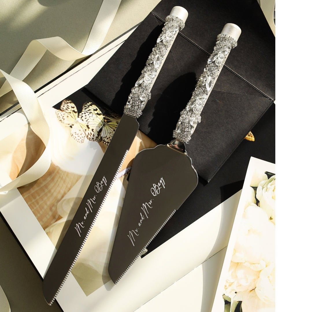 Blossom White Wedding Glasses &amp; Cake Server Set - ELENA HONCH