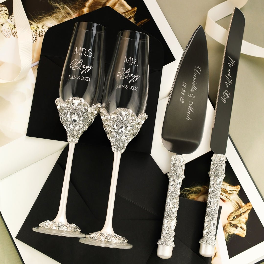 Blossom White Wedding Glasses &amp; Cake Server Set - ELENA HONCH