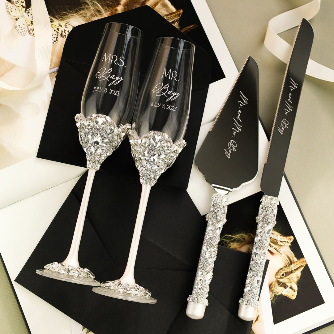 Blossom White Wedding Glasses &amp; Cake Server Set - ELENA HONCH