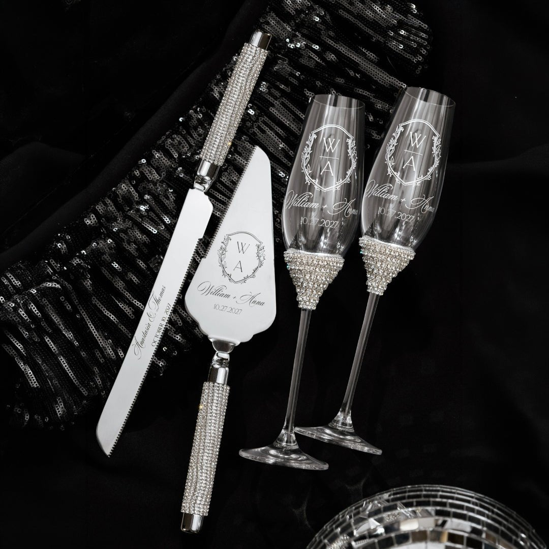 Celebration Champagne Flutes &amp; Cake Set in Silver - ELENA HONCH
