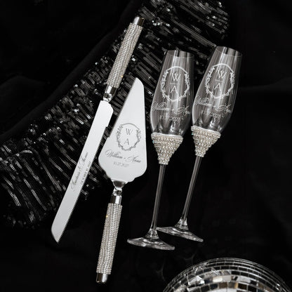 Celebration Champagne Flutes &amp; Cake Set in Silver - ELENA HONCH