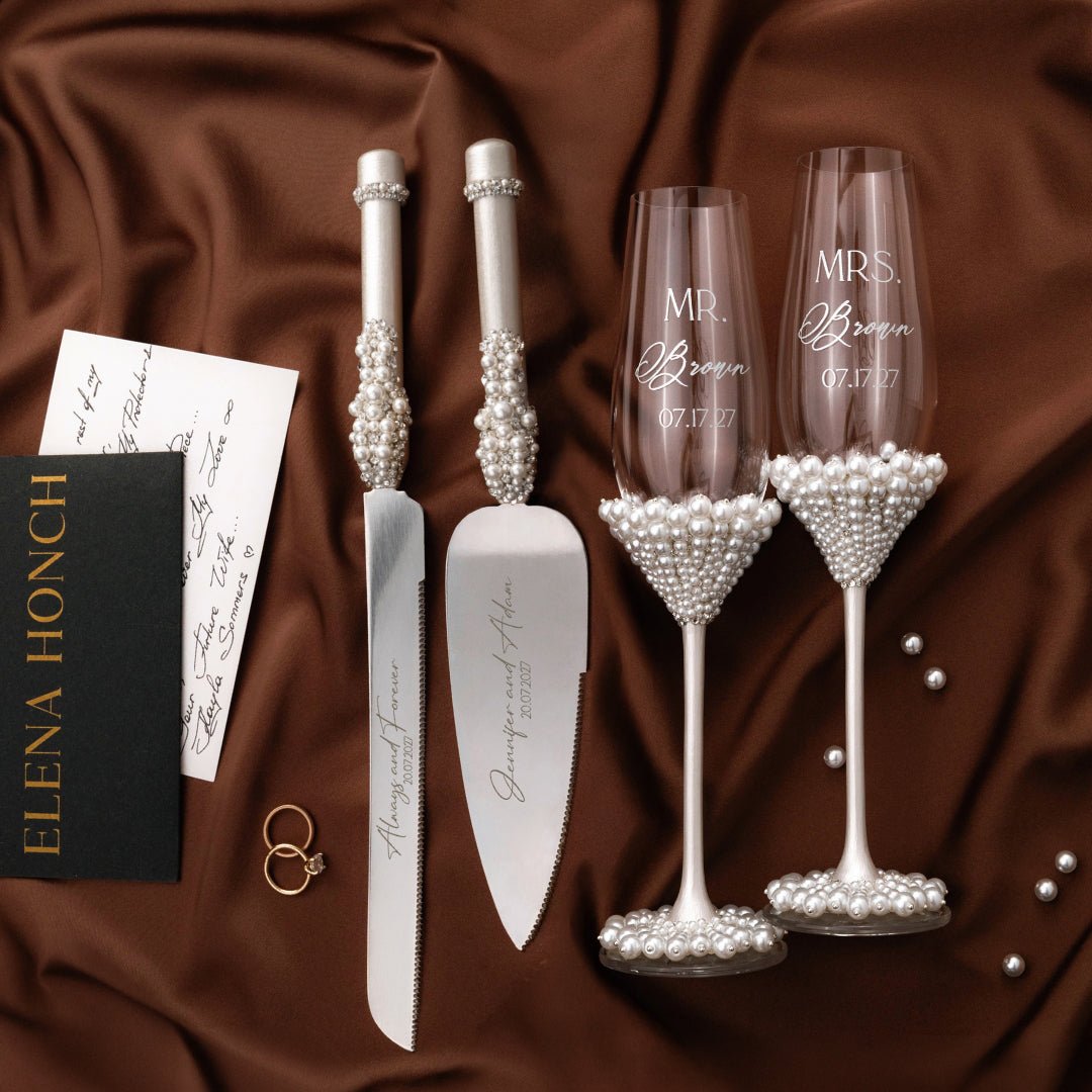 Coastal White Pearl Flutes &amp; Cake Server Set - ELENA HONCH