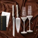 Coastal White Pearl Flutes & Cake Server Set - ELENA HONCH
