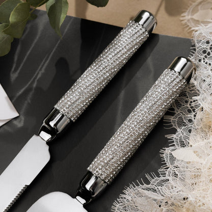 Crystal Line Champagne Flutes &amp; Cake Set in Silver - ELENA HONCH