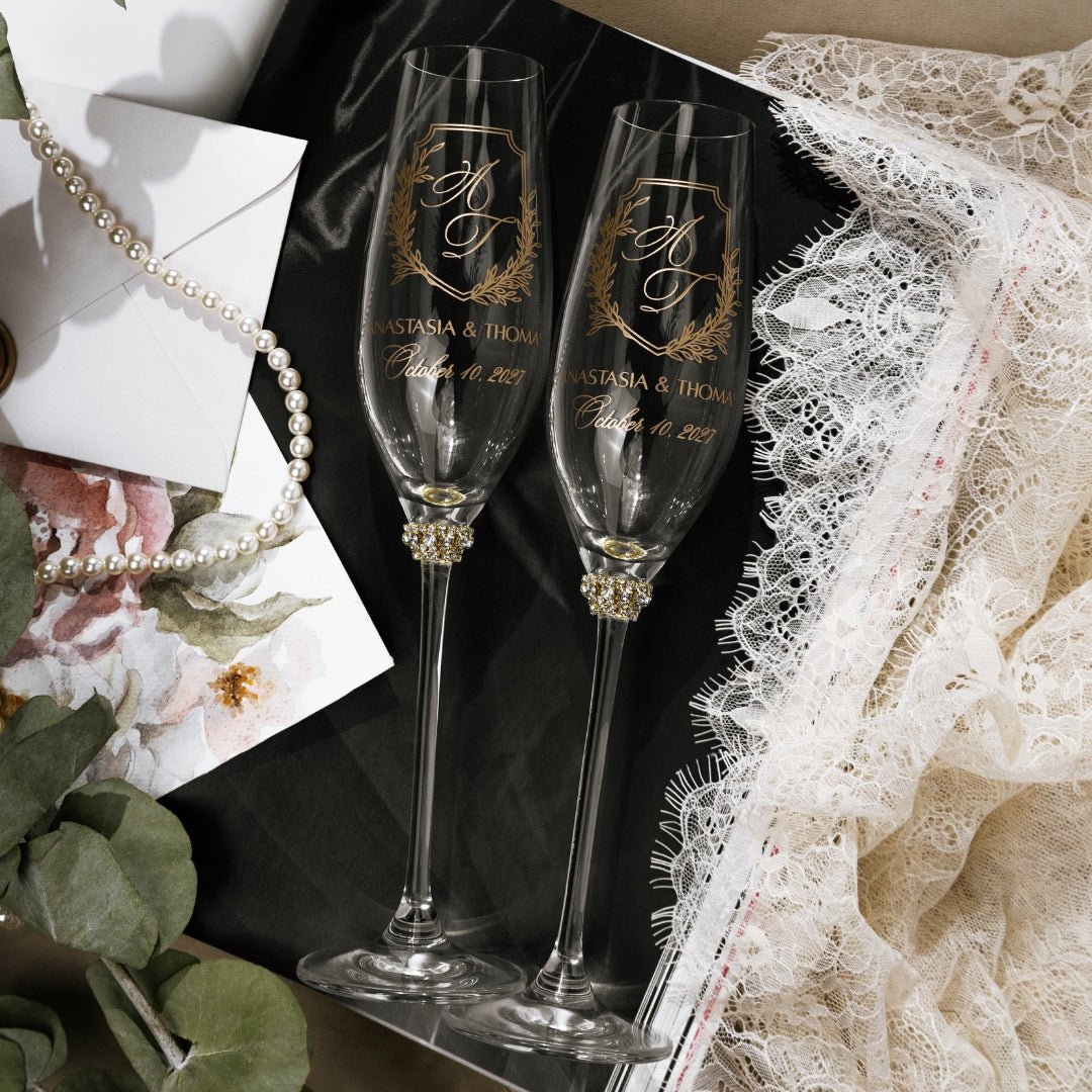 Crystal Line Wedding Flutes in Gold - ELENA HONCH