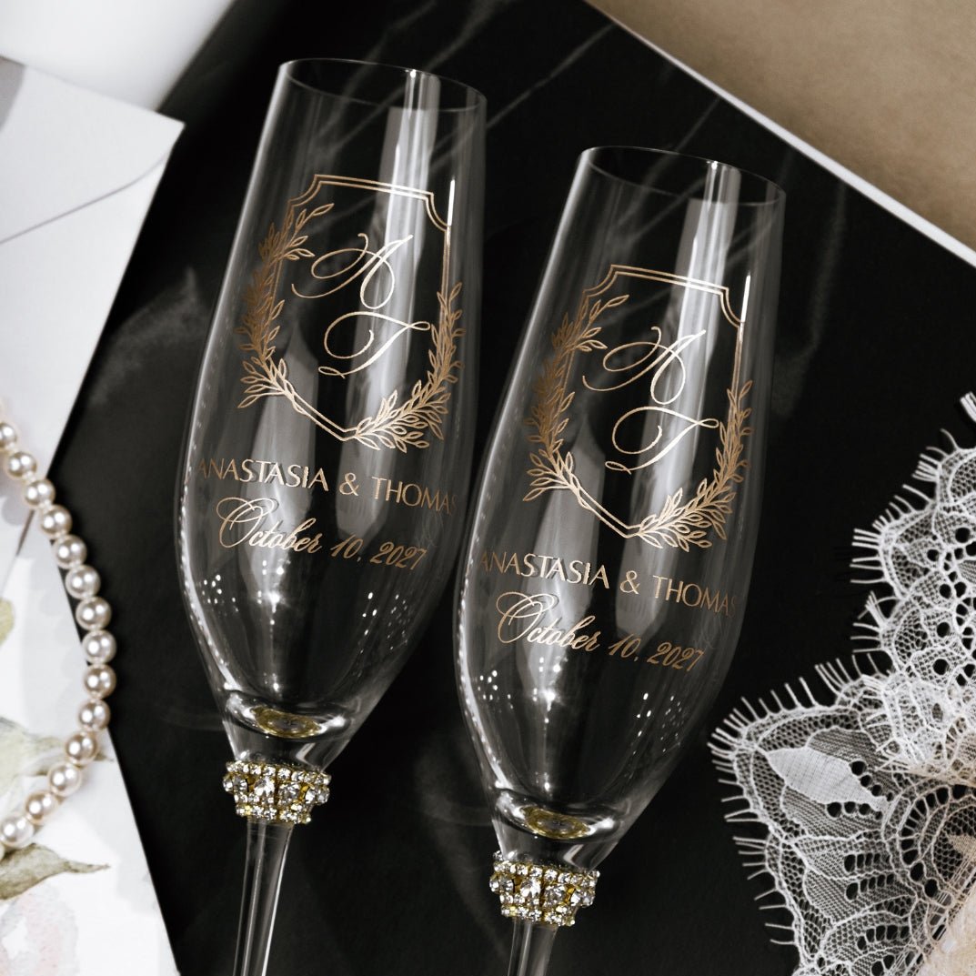 Crystal Line Wedding Flutes in Gold - ELENA HONCH